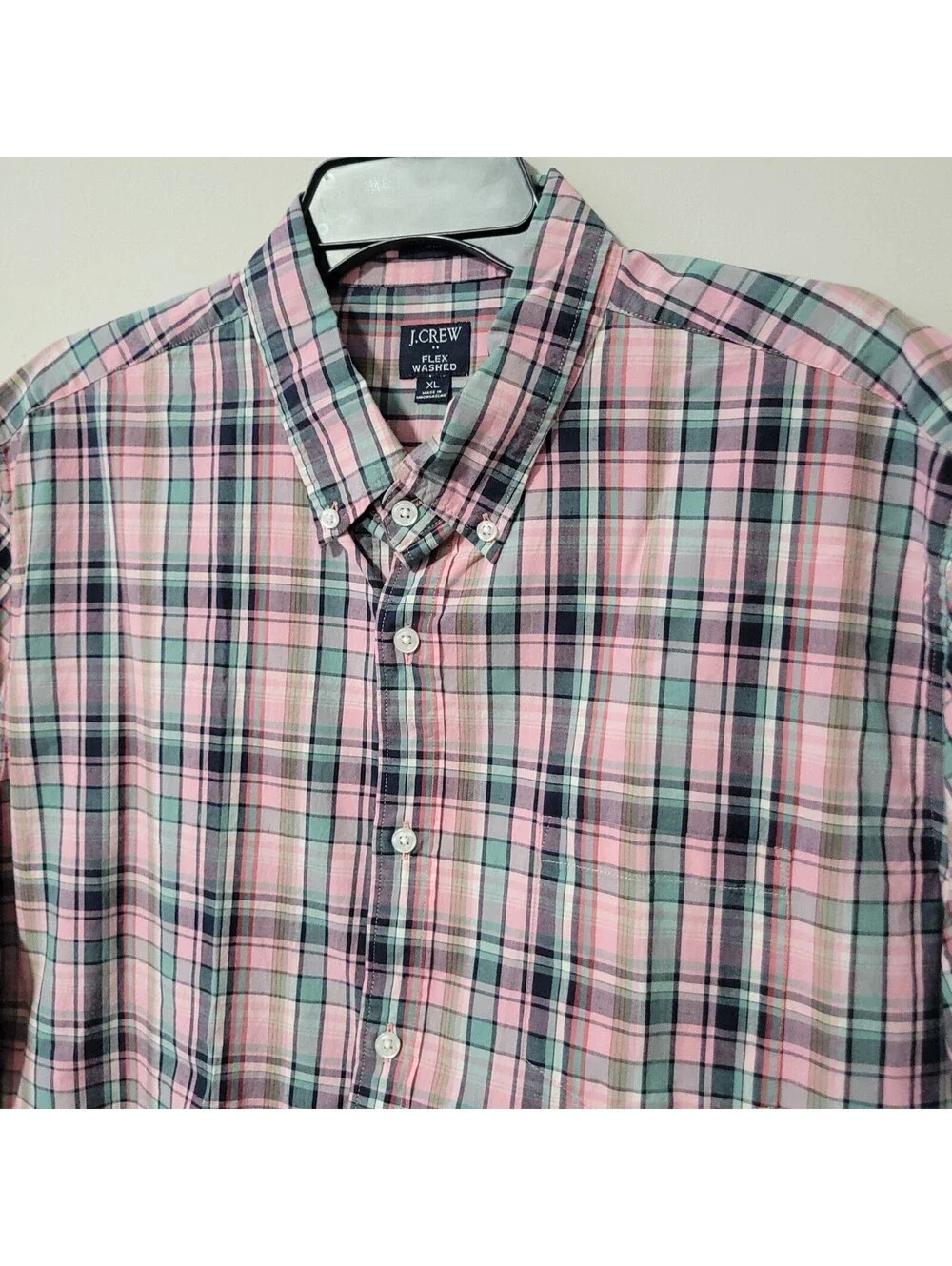 J.Crew Button Down Shirt Mens XL Pink Plaid Flex Washed Stretch Short Sleeve